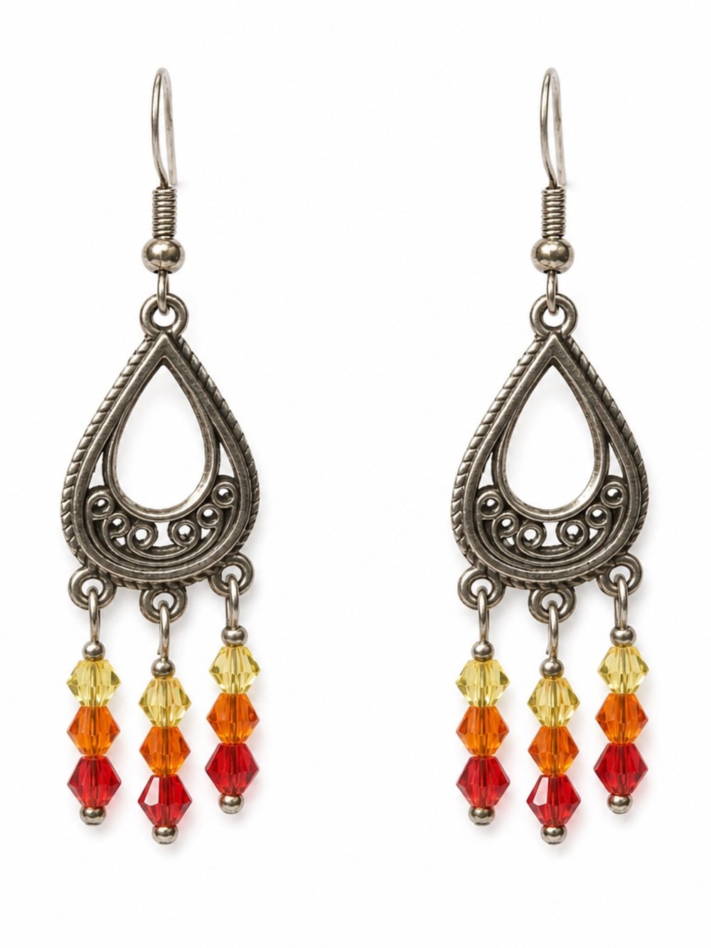 Sunburst  Teardrop Earrings with Red and Yellow Accents